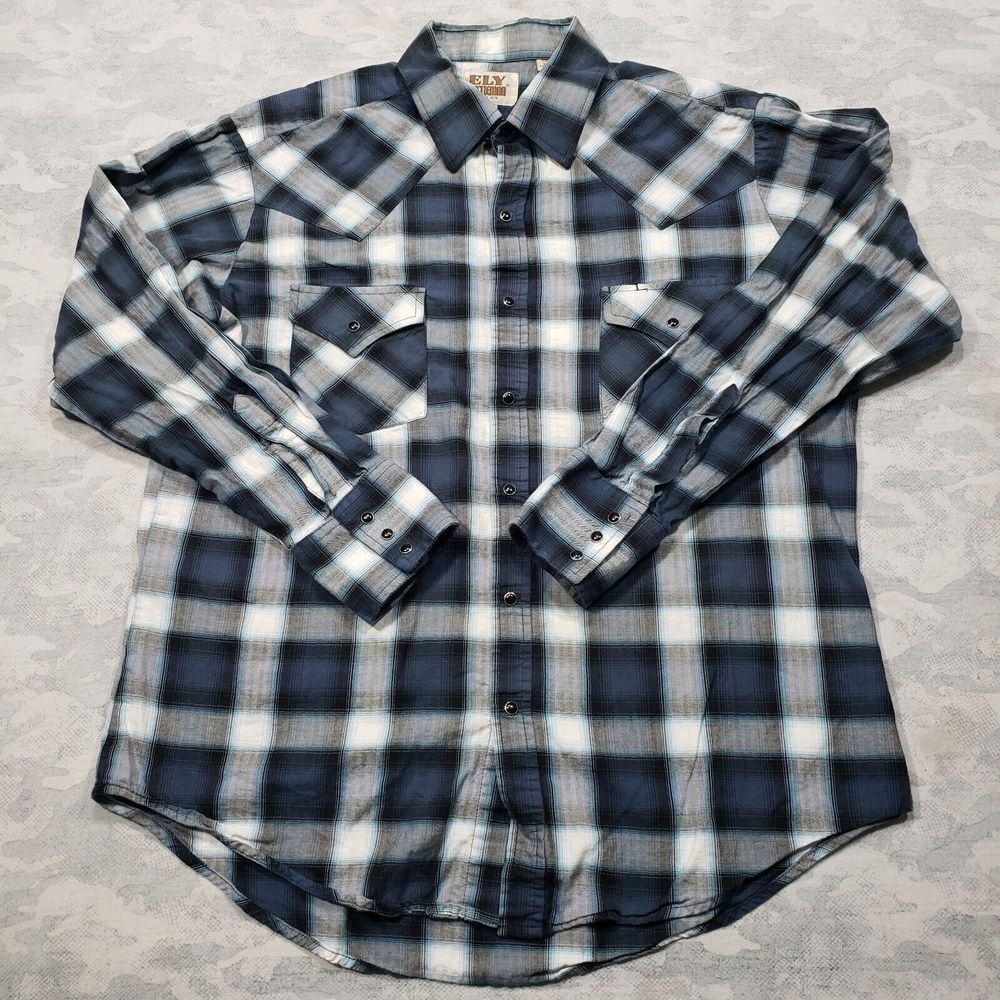 Ely Cattleman Shirt Mens Large Blue Checked Long‎ Sleeve Pearl Snap Western Wear
